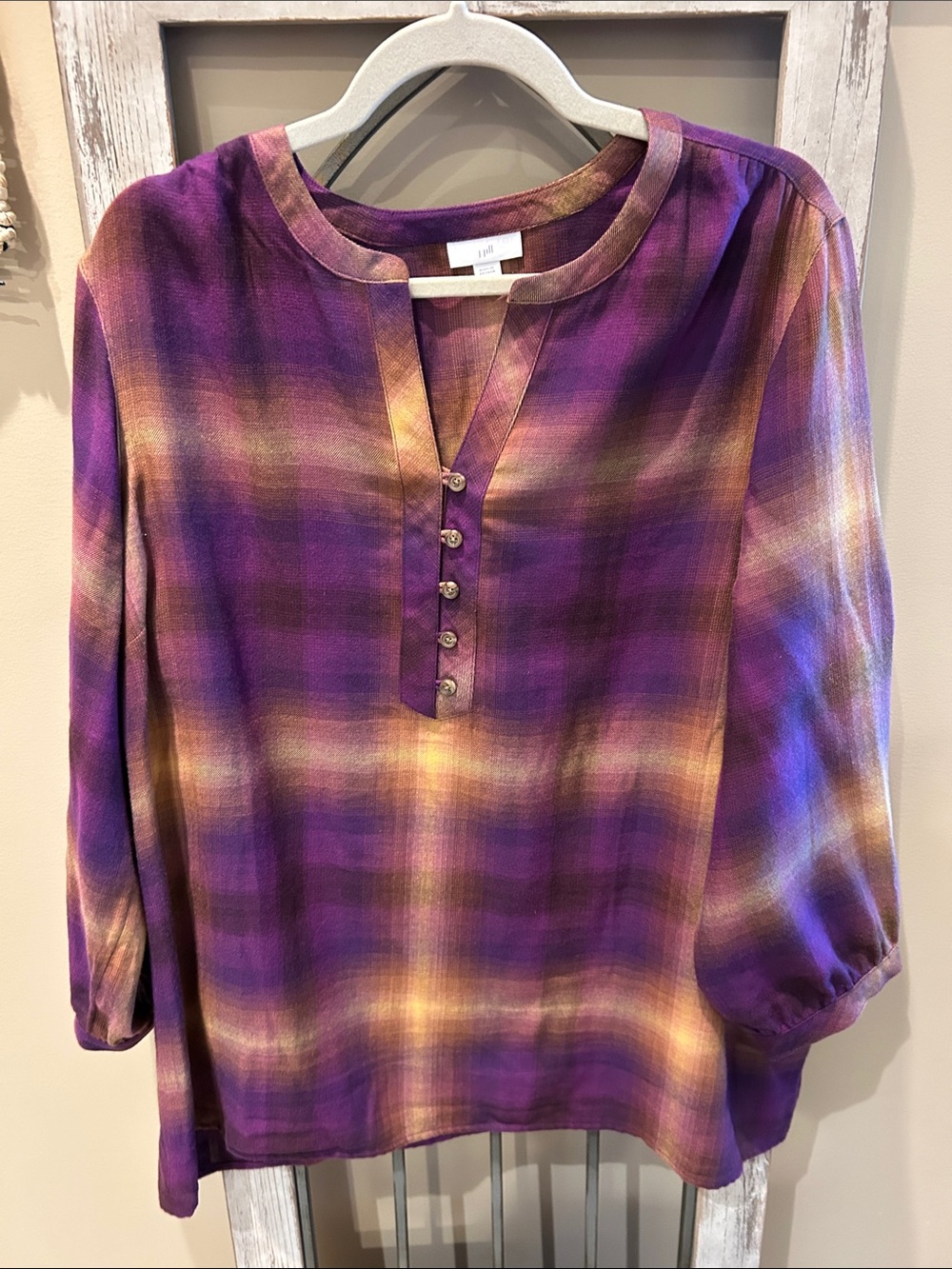 J. Jill Purple and Gold Plaid Button-Front Tunic